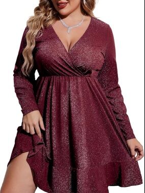 In’Voland Plus Size Burgundy  V-neck Long Sleeve Glitter Dress Size 18W At Knee